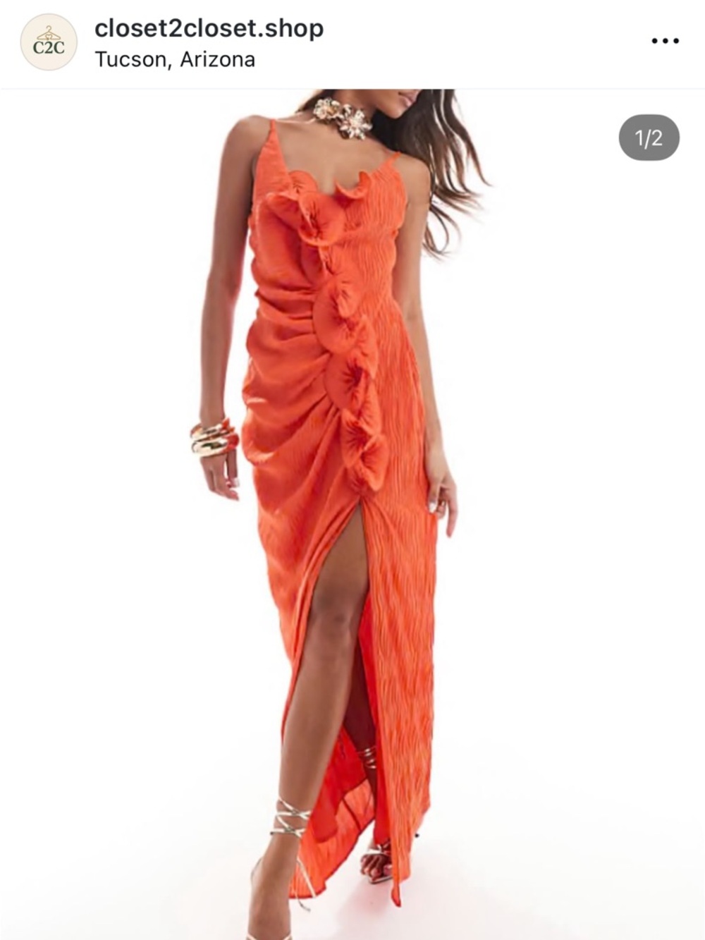 ASOS Orange Ruffled Maxi Dress with Front Slit